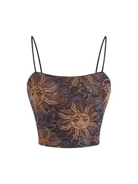 Sun Motif Paisley Crop Cami Top - Brown